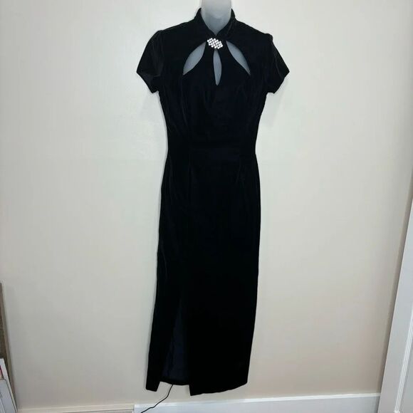 Jessica McClintock Gunne Sax Vintage Black Velour Gown Dress broach size 9/10 - Picture 1 of 9